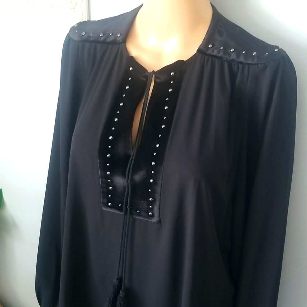 Vtg Whimsigoth Black Studded Peasant Blouse Velvet Trim Tassel Keyhole Top L - Picture 6 of 16